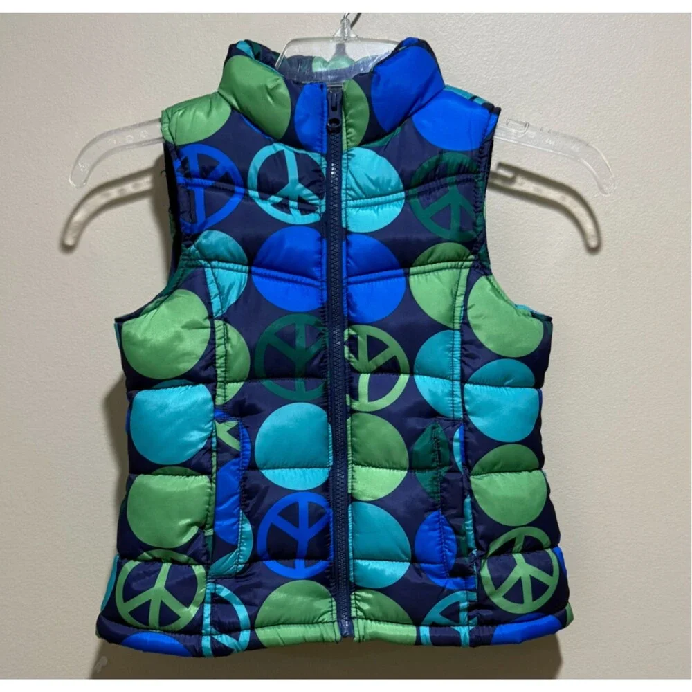 Old Navy Girls Puffer Vest XS Blue Green Peace Sign Bubble Y2K Retro Zip Coat